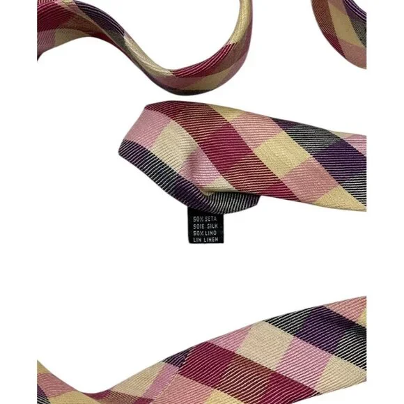 DORMEUIL Men's 100% Silk Necktie LUXURY Tie Purple Yellow Tartan W:3.8 EUC